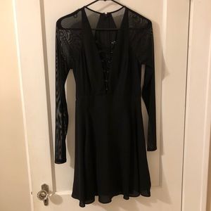Lace-Up Long Sleeve Black Dress